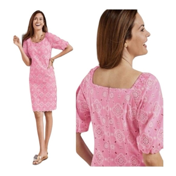 Talbots Dresses & Skirts - Talbots Pink Puff Sleeve Embroidered Eyelet Shift‎ Dress 100% Cotton Size 4